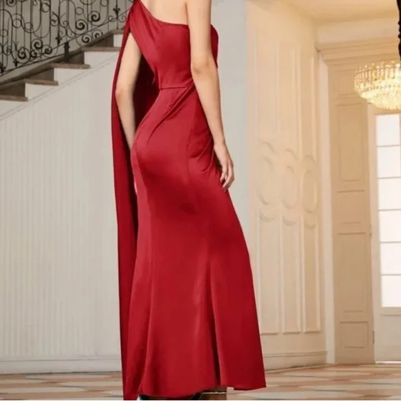 Luxe One shoulder Party  Formal Evening  Prom Satin Wedding Dress - Picture 14 of 15